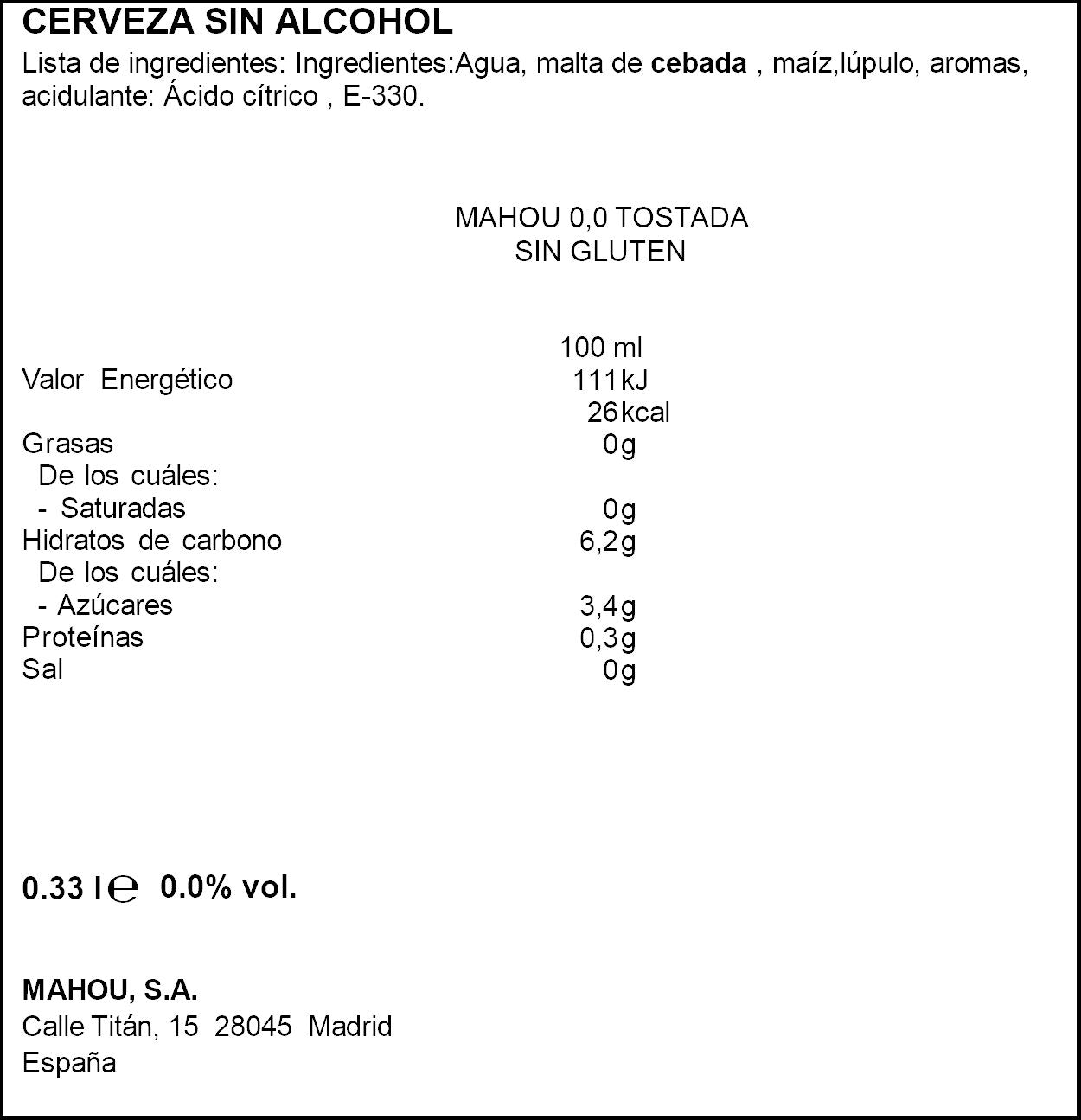Cerveza 0.0 s/gluten lata Mahou 33cl