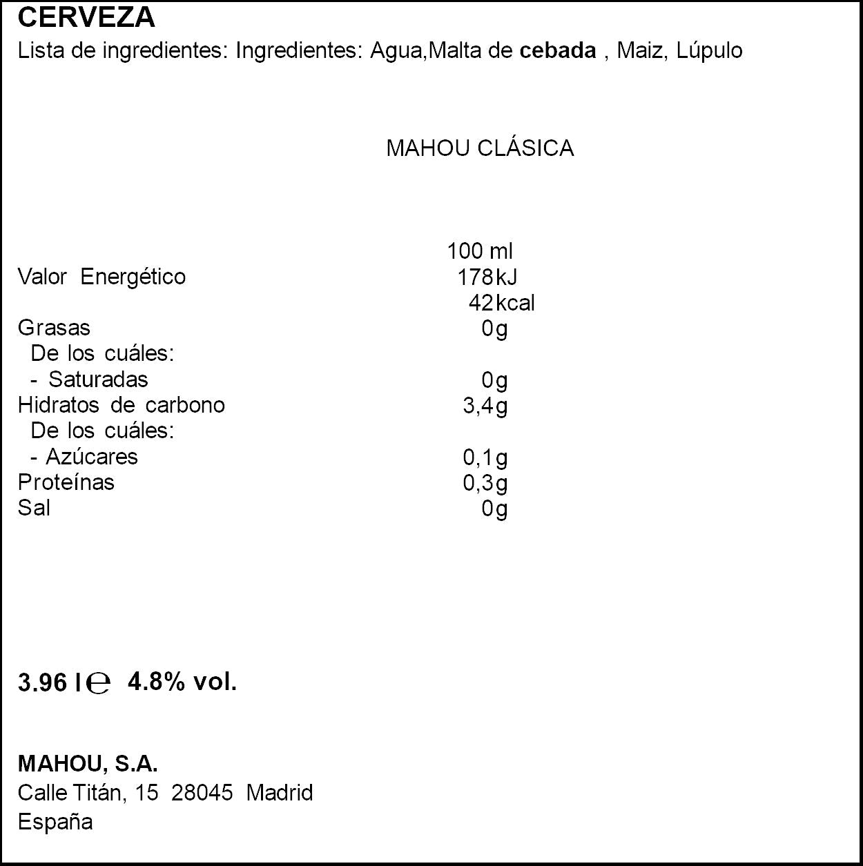Cerveza clásica lata Mahou  p12 330ml/u