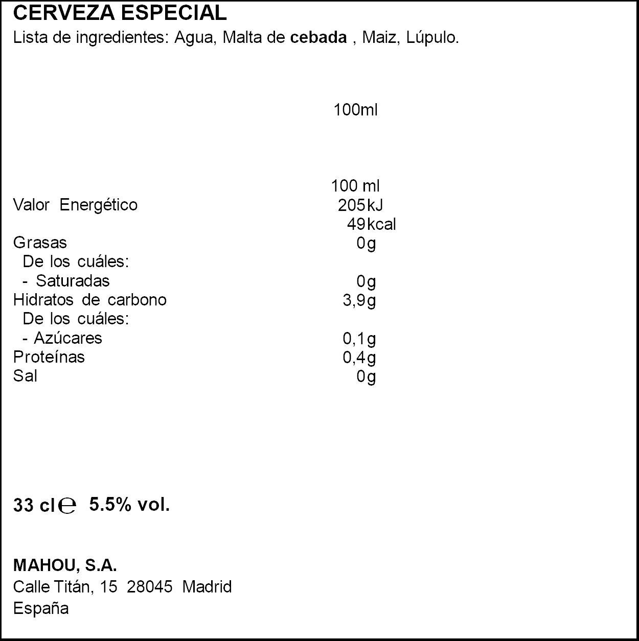 Cerveza 5 estrellas  lata Mahou 33cl