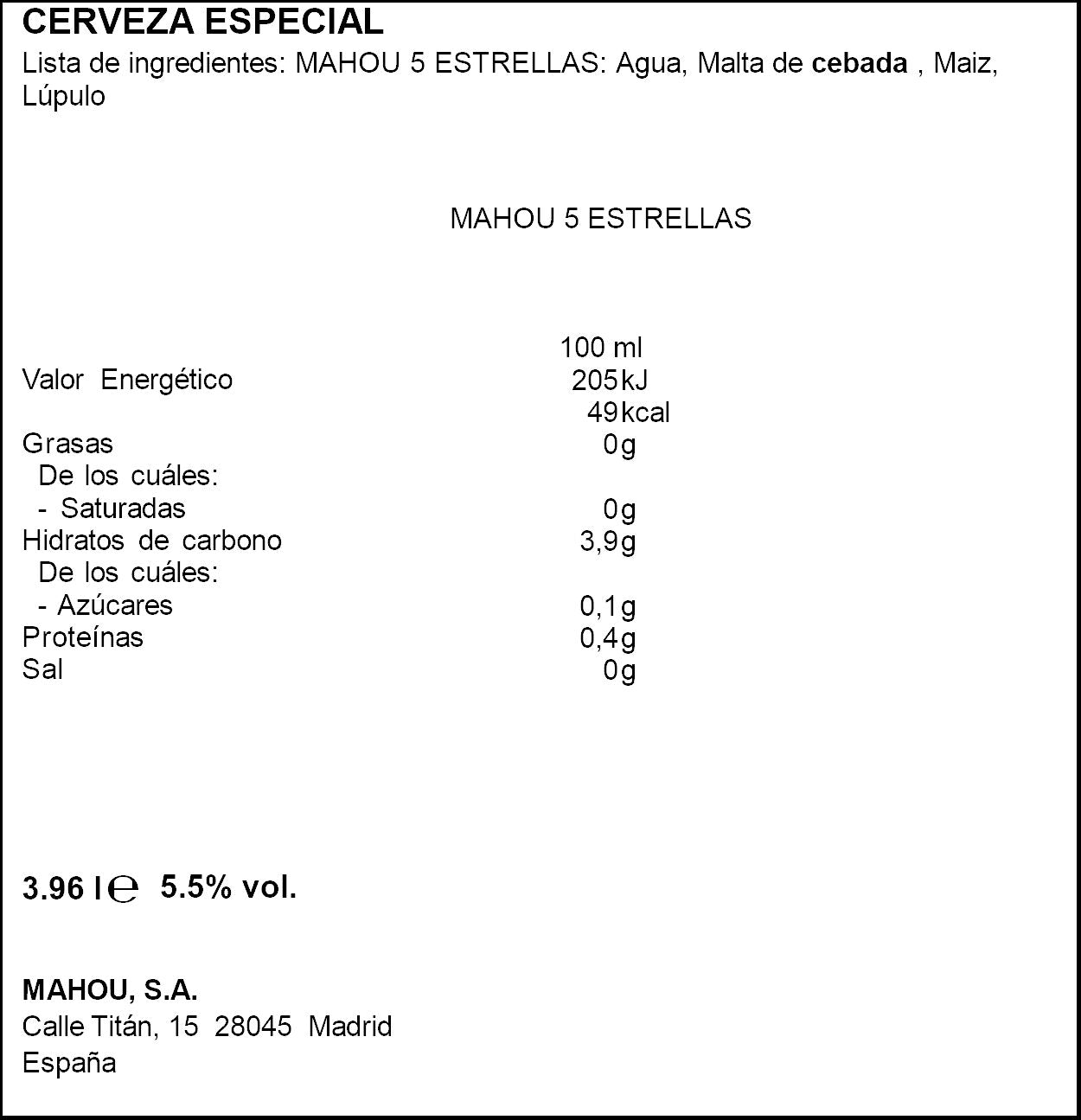 Cerveza 5 estrellas lata Mahou  p12 330ml/u