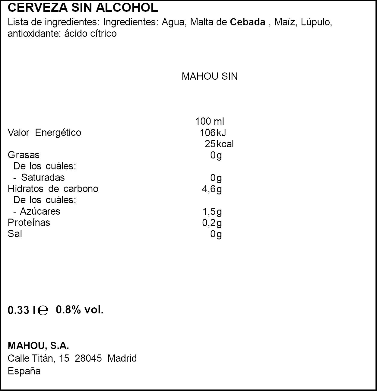 Cerveza rubia s/alcohol lata Mahou 33 cl