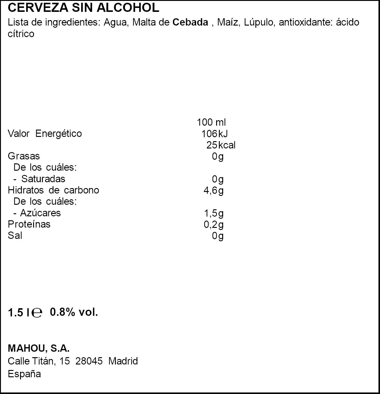 Cerveza s/alcohol cristal Mahou p6 250ml/u