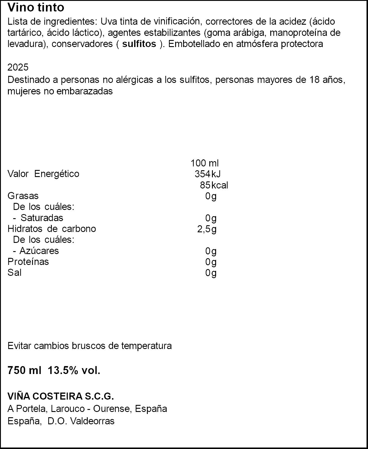 Vino tinto mencía d.o valdeorras Viña costeira 75cl