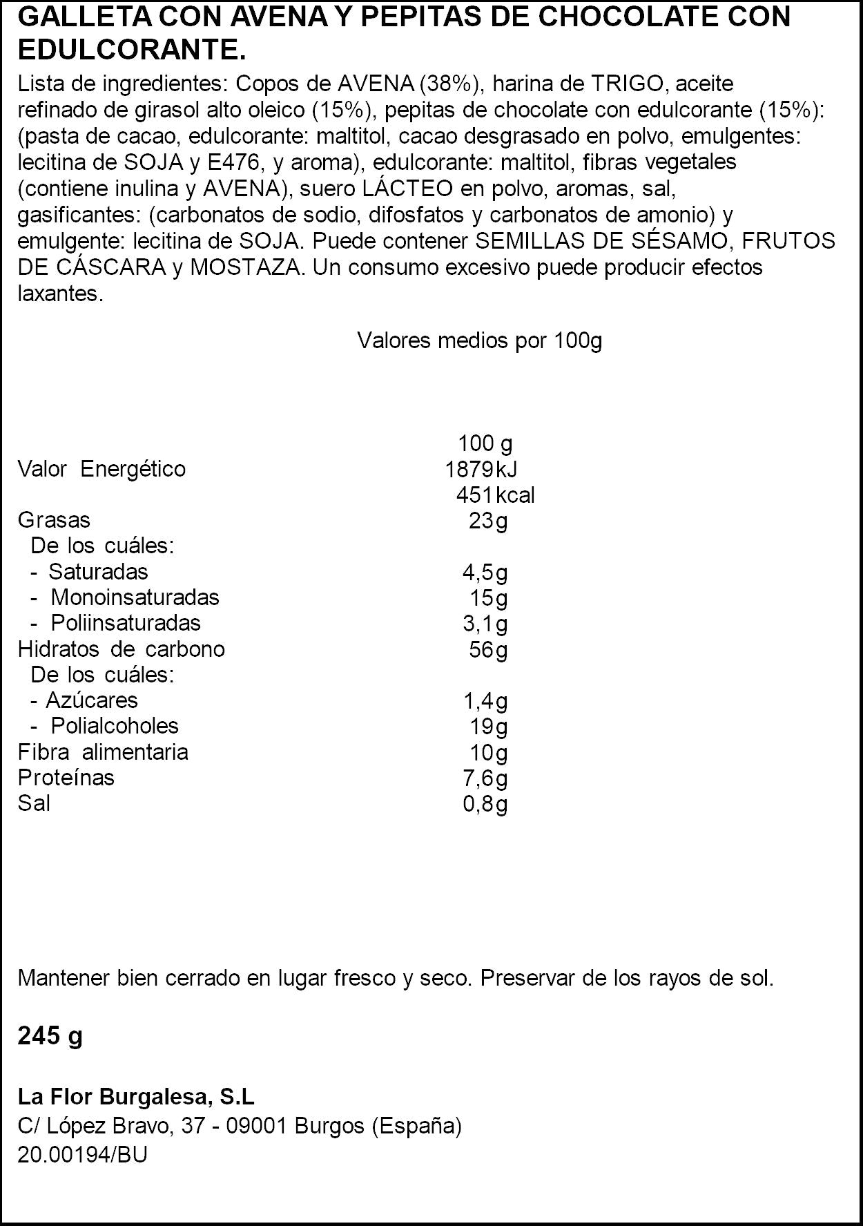 Galleta c/avena y pepitas choco Florbu 245g
