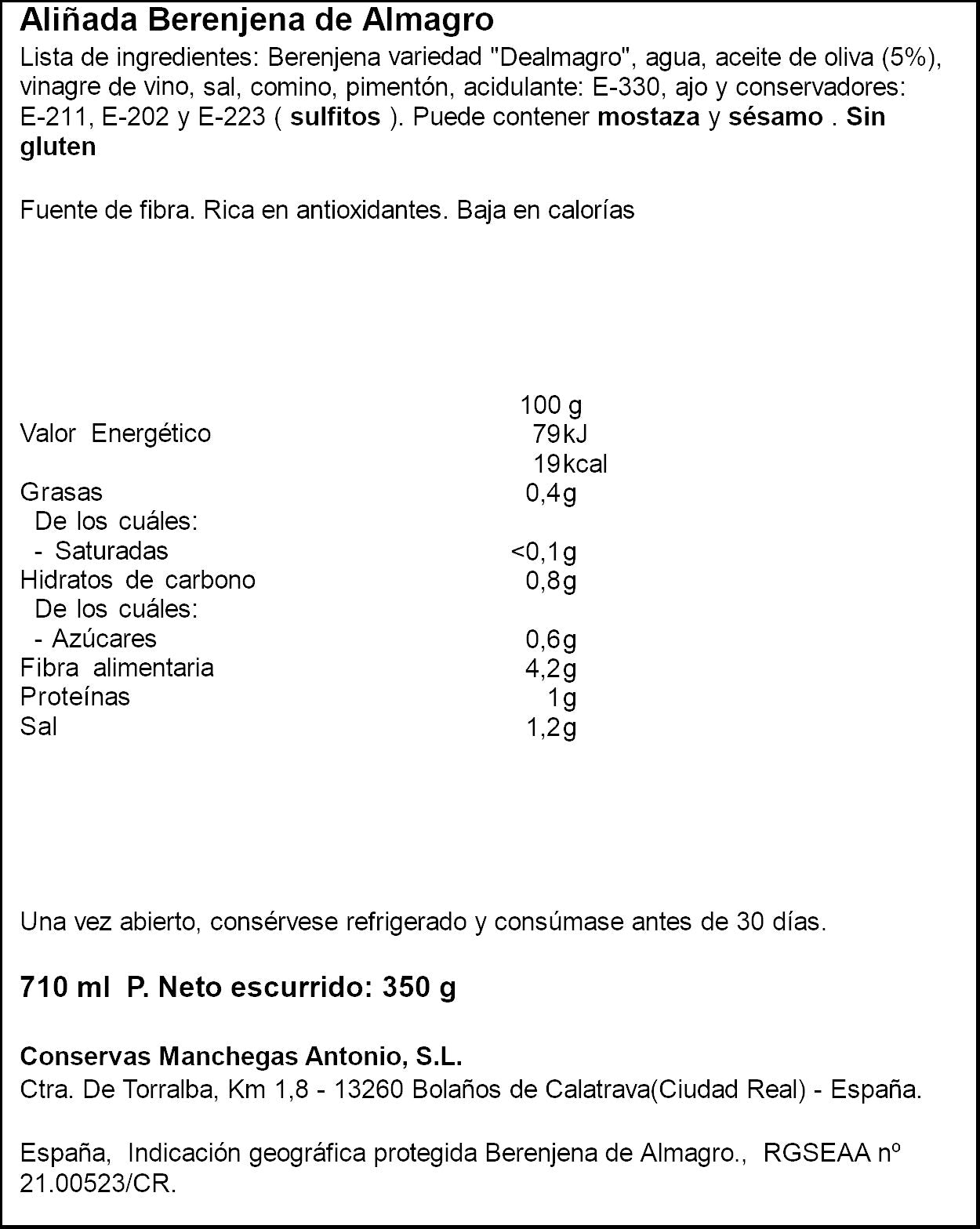 Berenjena aliñada cristal Antonio 350g escurr