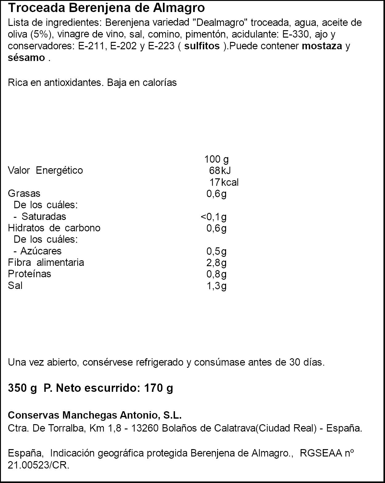 Berenjena trozos cristal Antonio 170g escurr