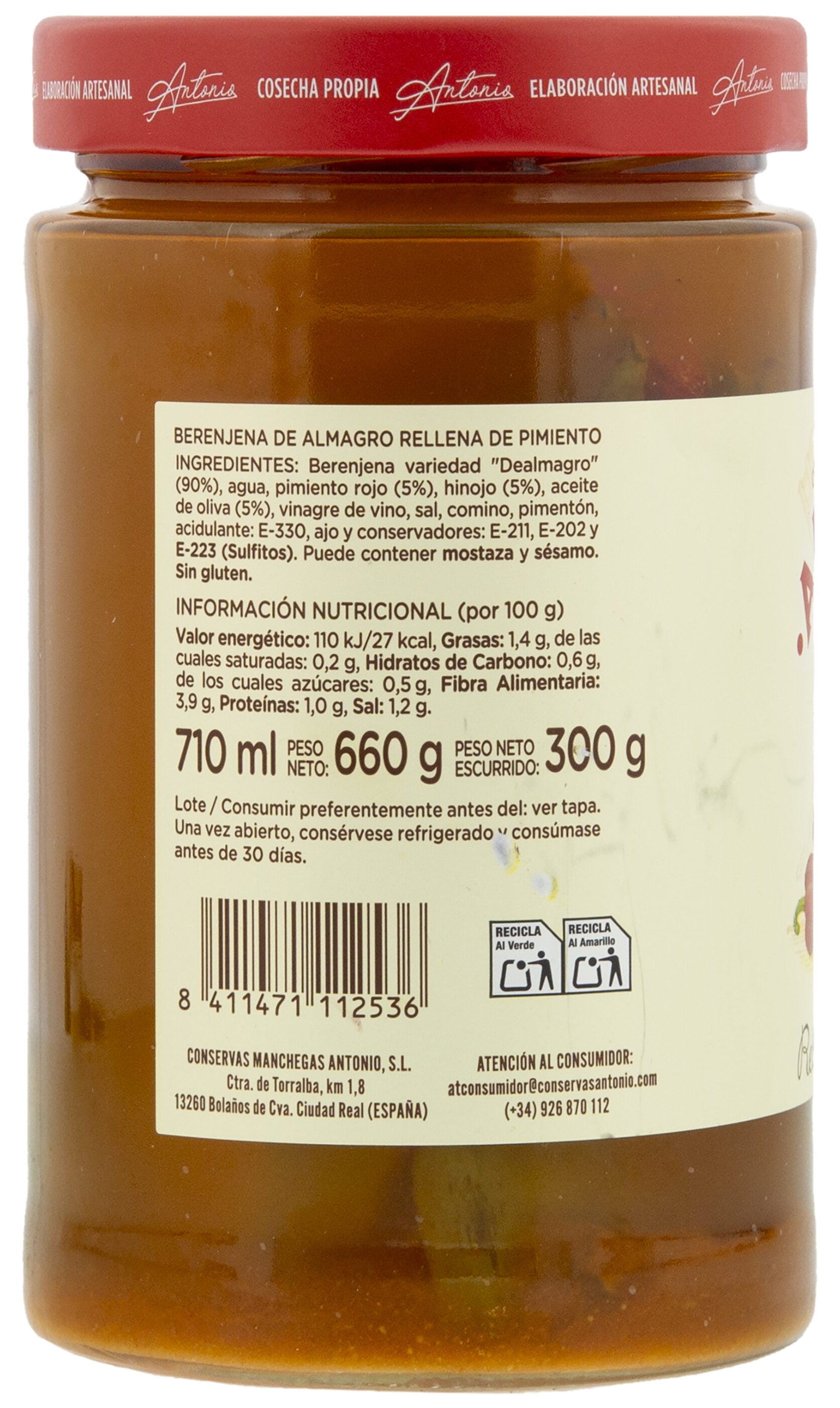 Berenjena rellena pimientos cristal Antonio 300g escurr