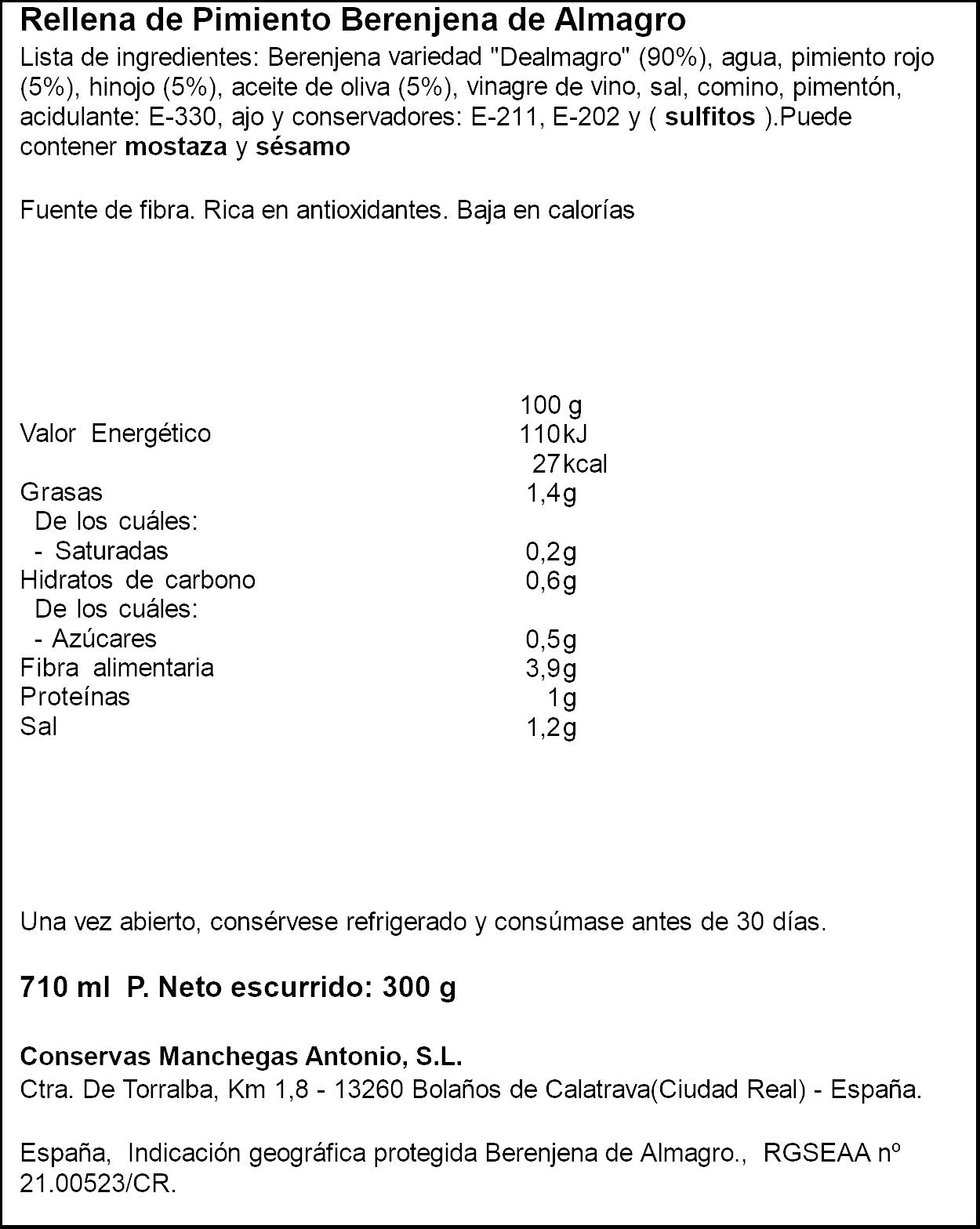 Berenjena rellena pimientos cristal Antonio 300g escurr