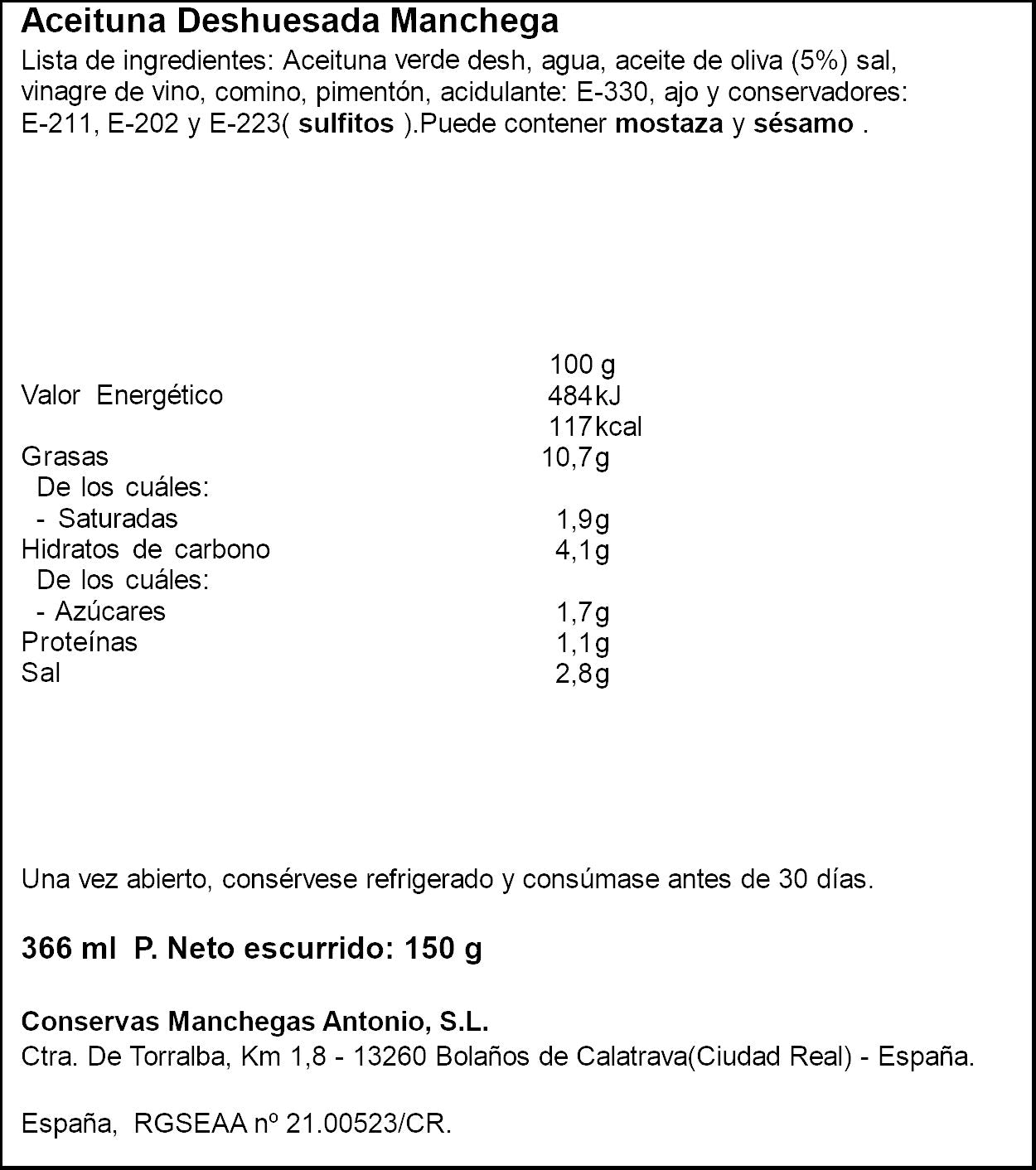 Aceituna manchega cristal Antonio 150g escurr