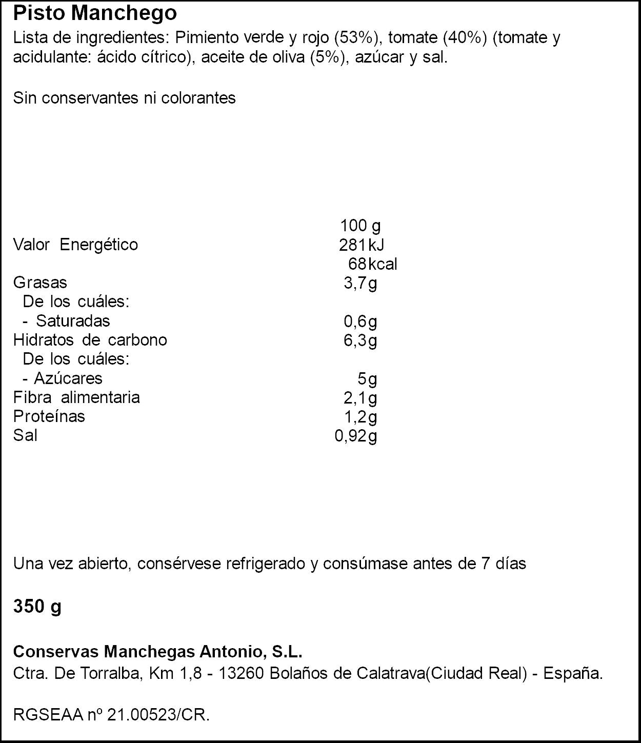 Pisto manchego cristal Cons Antonio 350g escurr