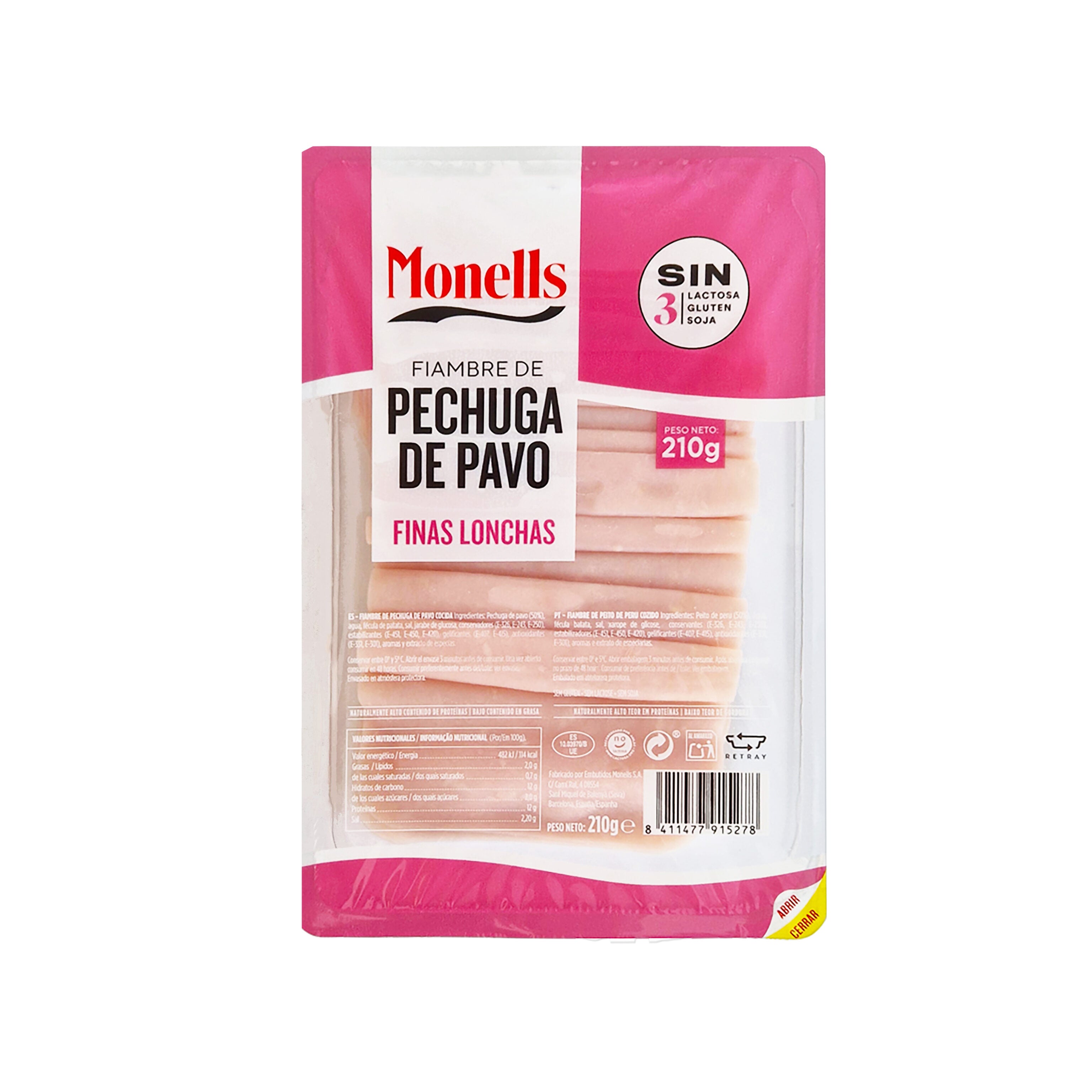 Pechuga pavo finas lonchas Monells 210g