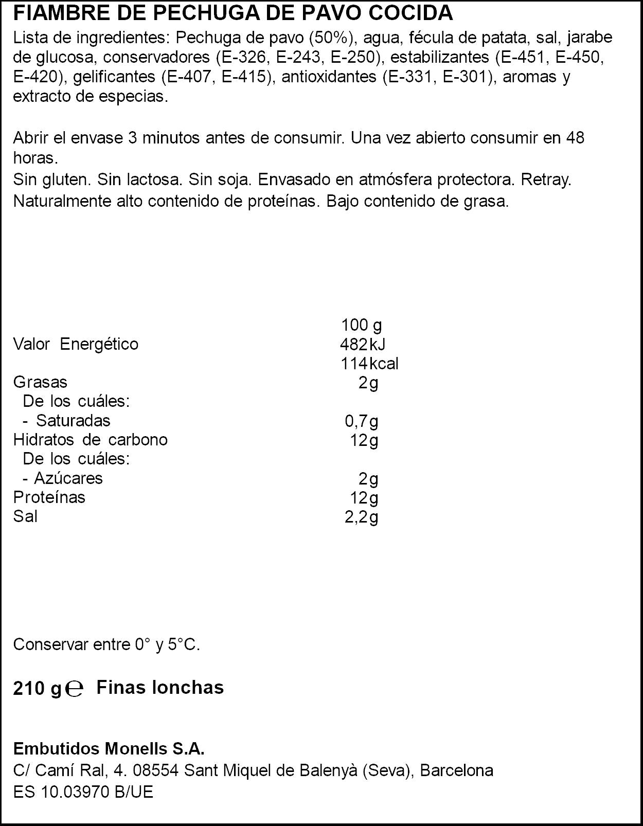 Pechuga pavo finas lonchas Monells 210g
