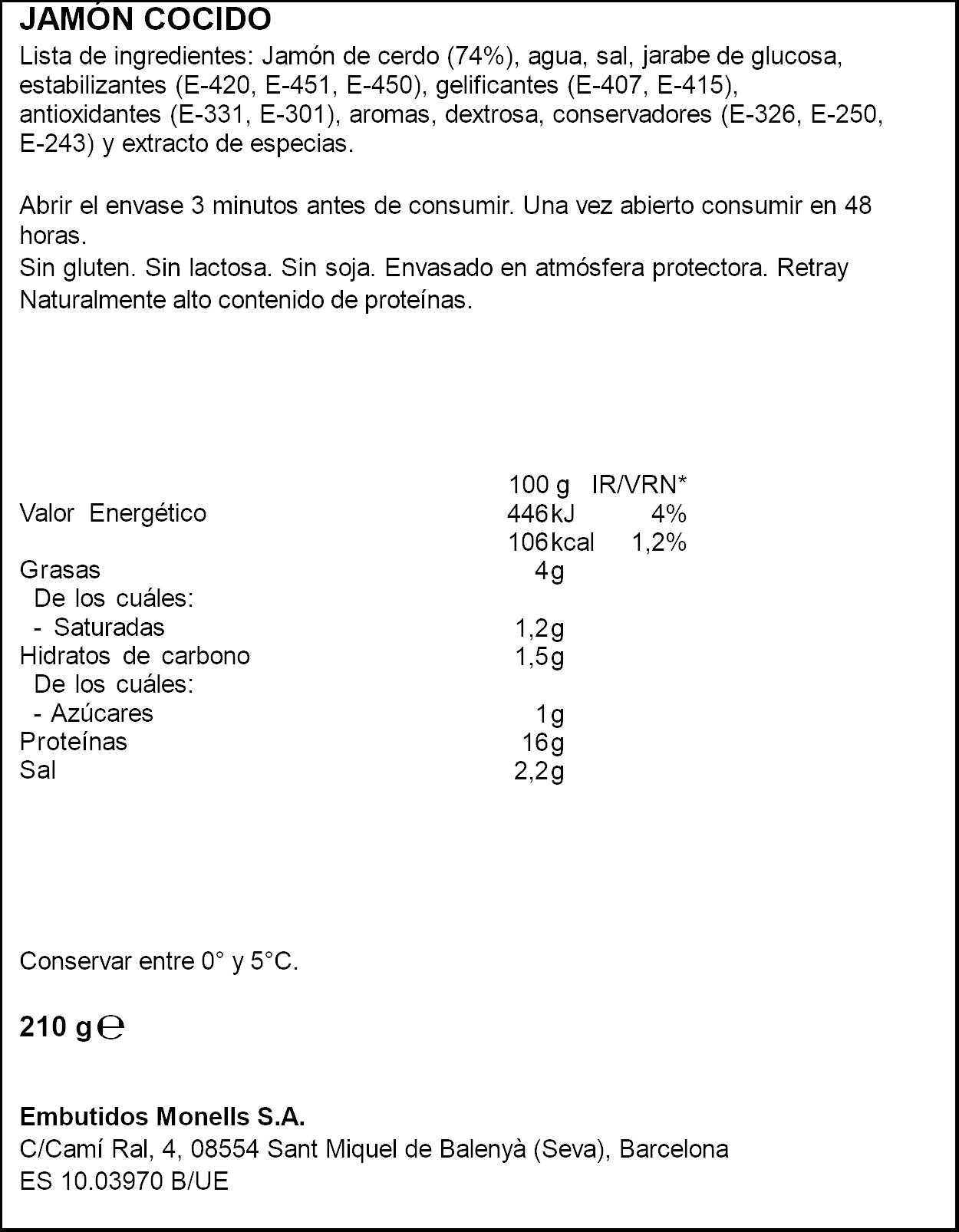 Jamón cocido finas lonchas Monells 210g