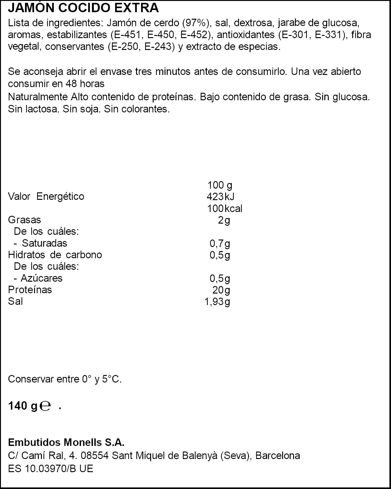 Jamón cocido extra lonchas Monells 140g