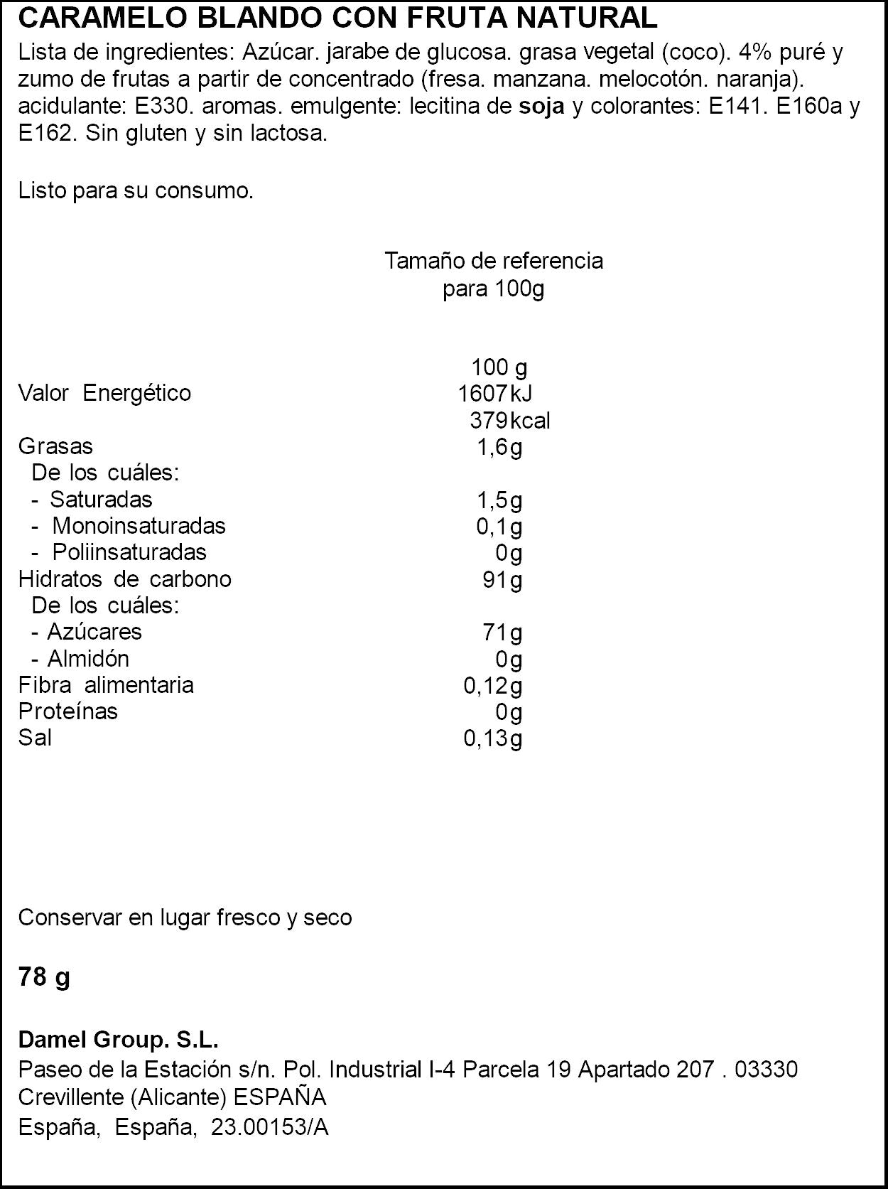 Caramelo blando palotes surtido bolsa Damel 78g