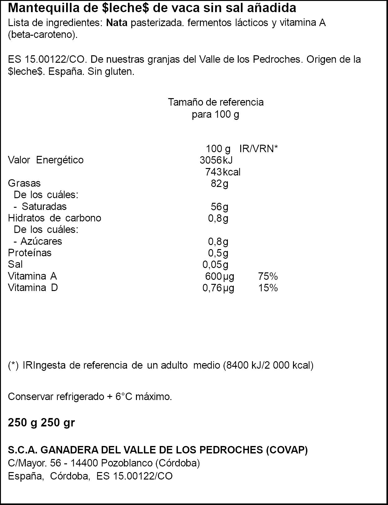 Mantequilla vaca s/sal pastilla Covap 250gr