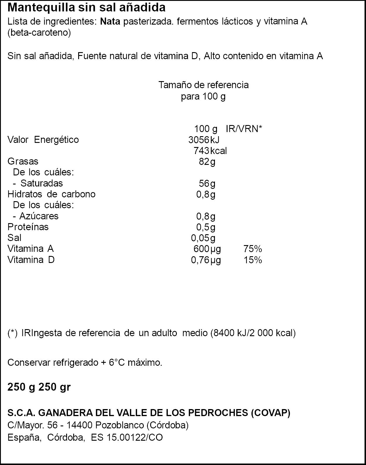 Mantequilla vaca s/s Covap 250g