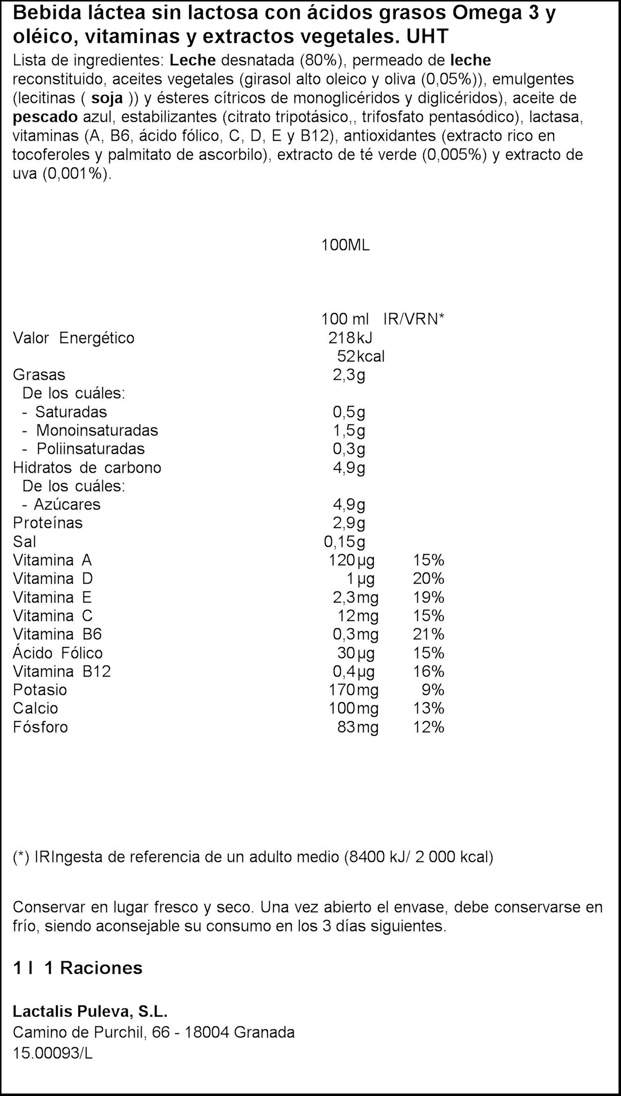 Preparado lácteo omega 3 s/lactosa Puleva 1l