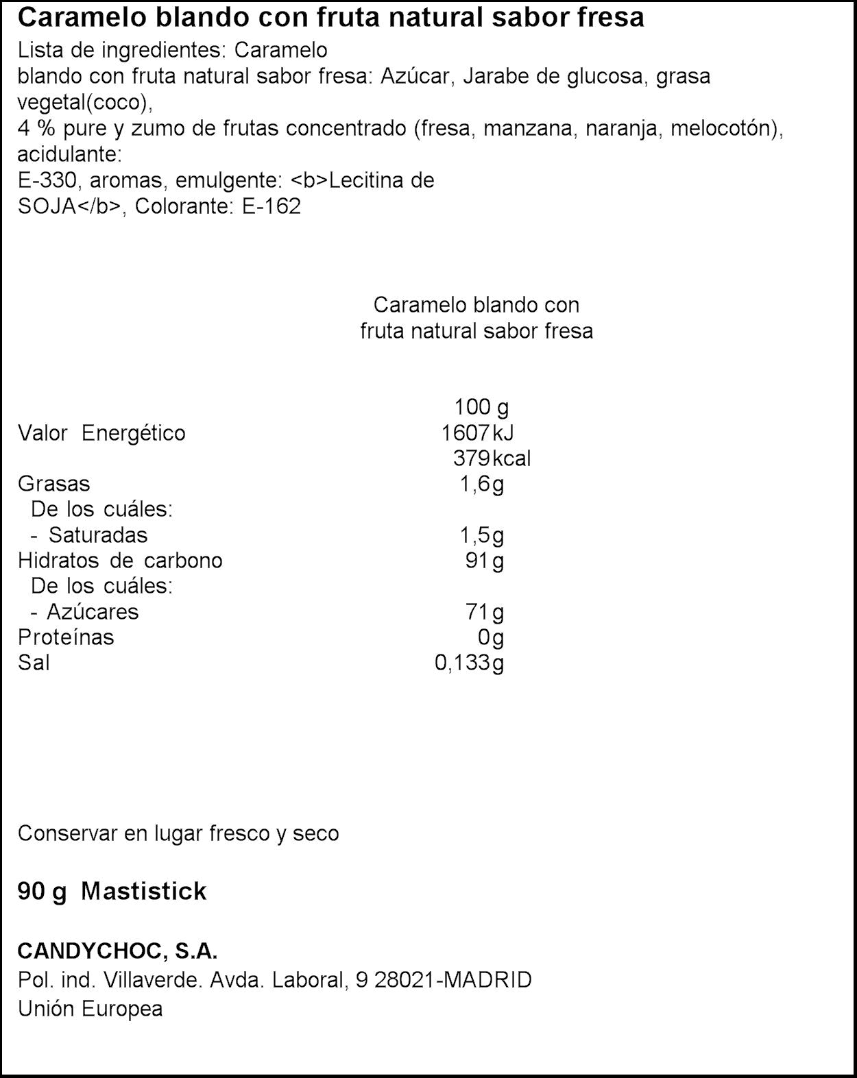 Caramelo blando con frutas sabor fresa Miguelañez p15 90g