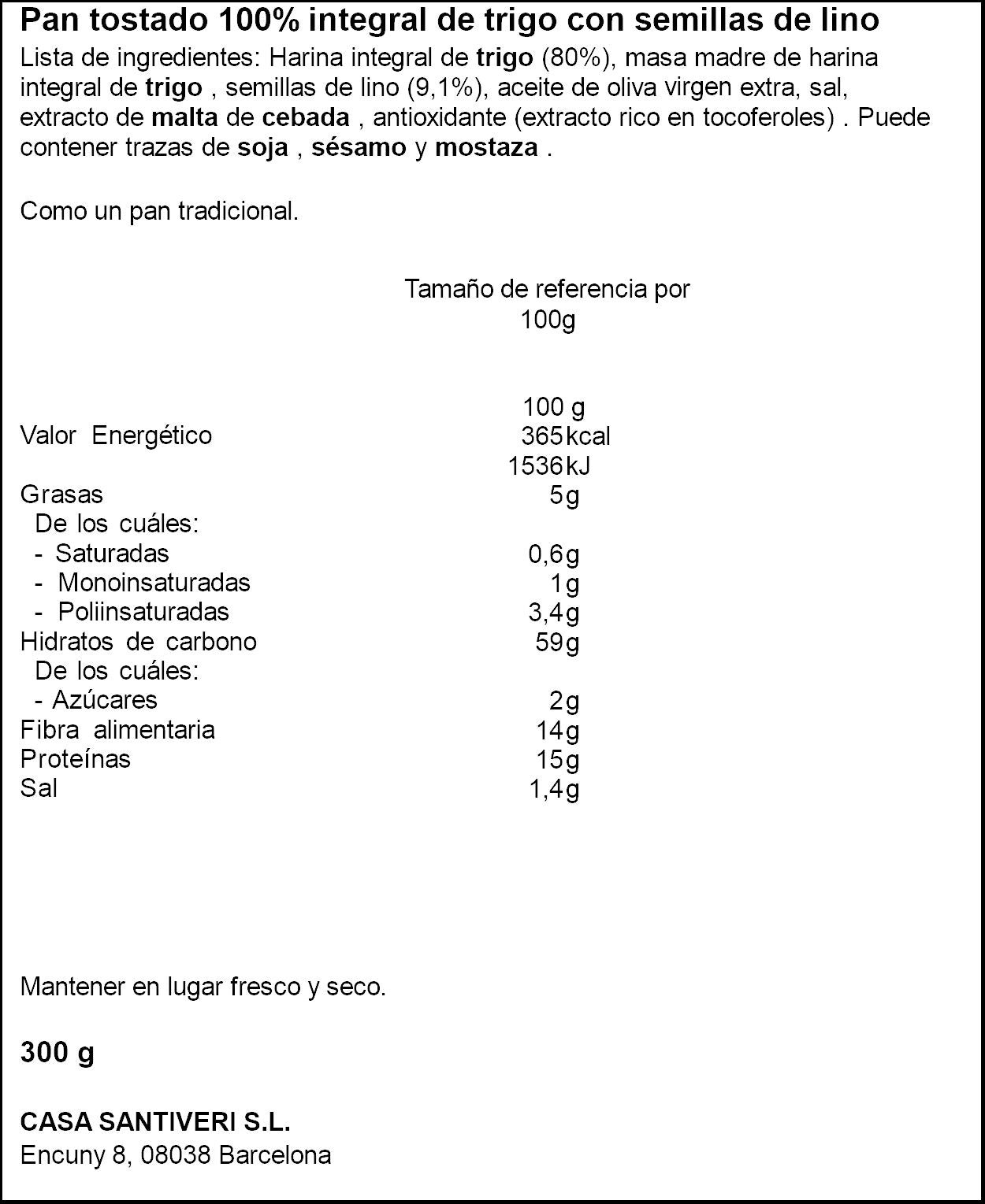 Pan tostado 100% int dextrin c/lino Santiveri 300g
