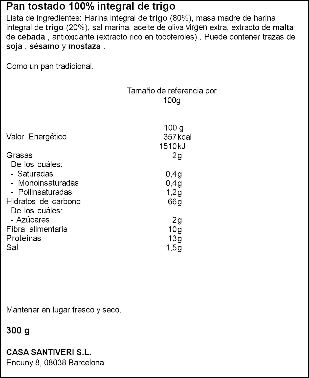 Pan tostado 100% int dextrinado Santiveri 300g
