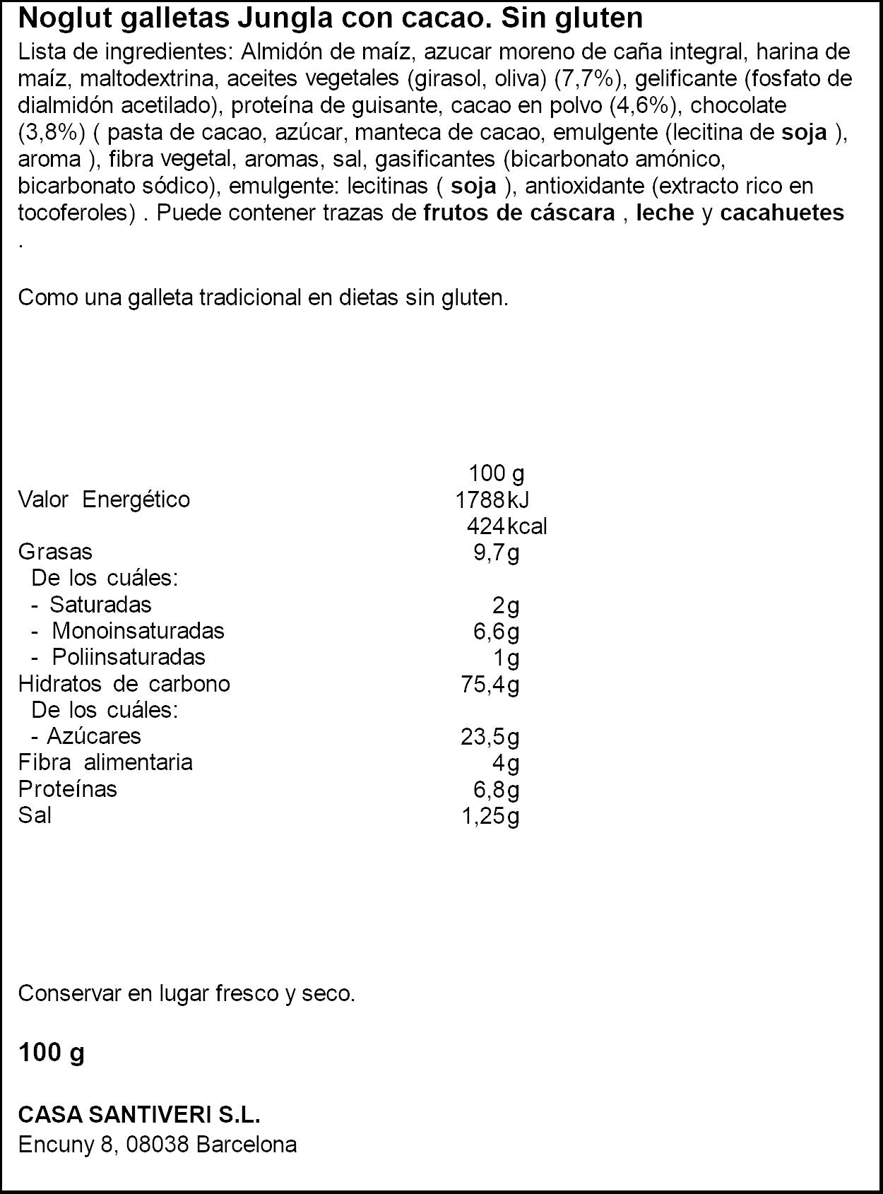 Galletas jungla cacao s/gluten Noglut 100g