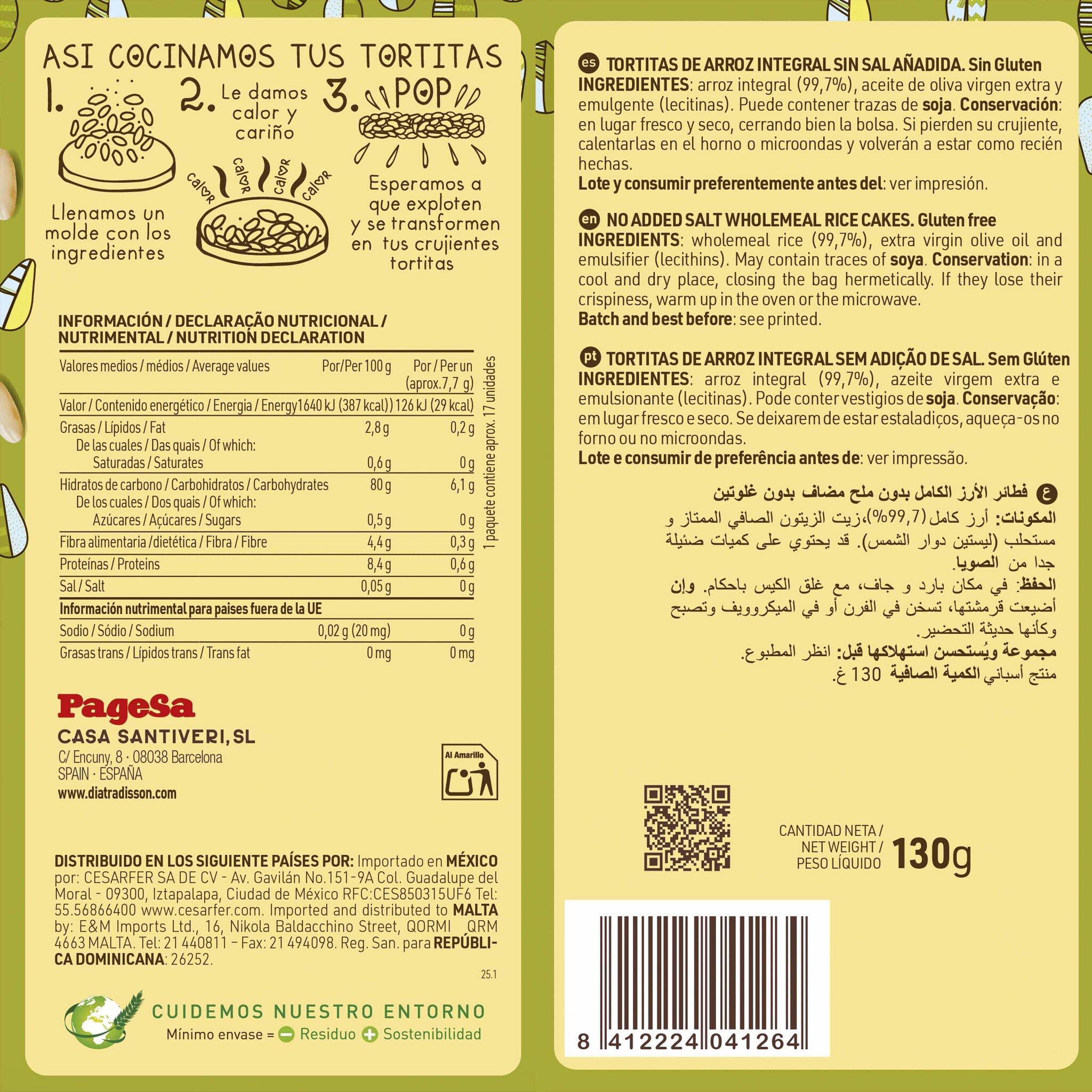 Tortita arroz integral s/sal s/gluten Diet radisson 130g