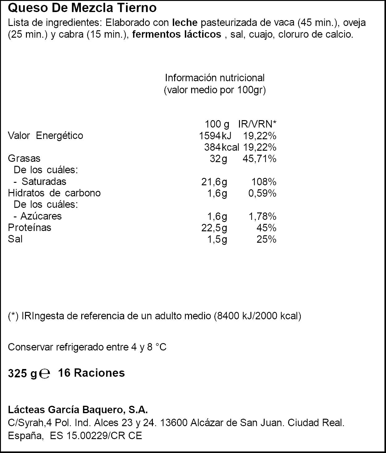 Queso tierno cuña García baquero 325g