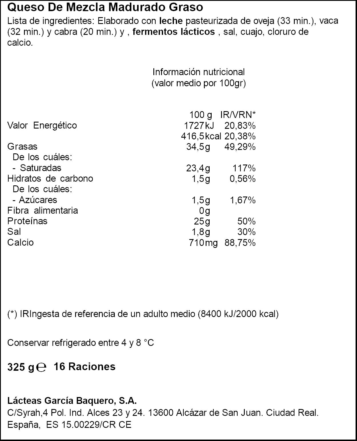 Queso semicurado cuña bdf García baquero 325g