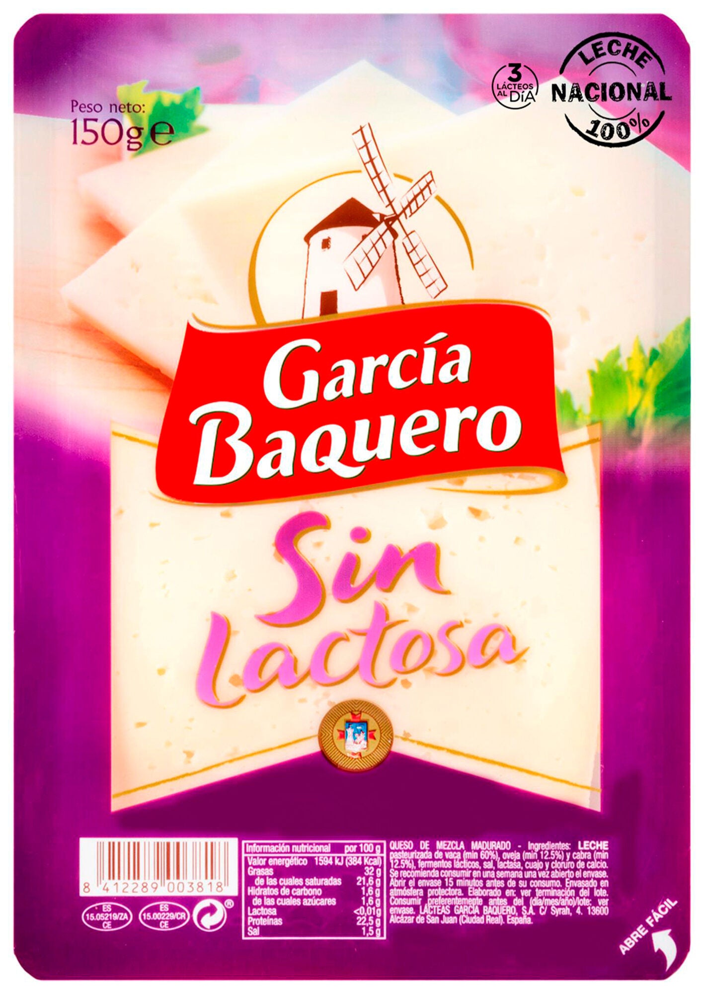 Queso tierno s/lactosa loncha García baquero 150g