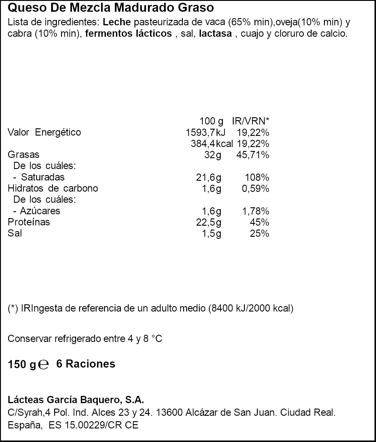 Queso tierno s/lactosa loncha García baquero 150g