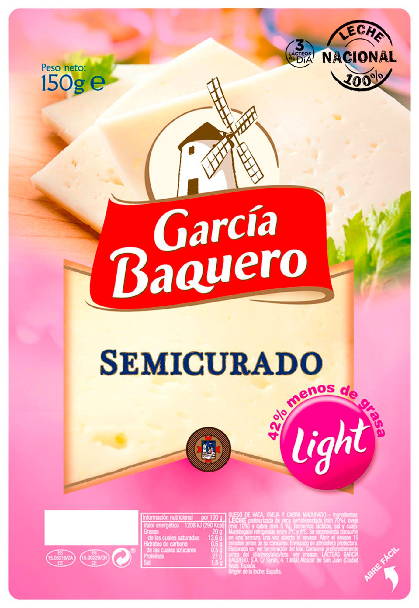 Queso semicurado light loncha García baquero 150g
