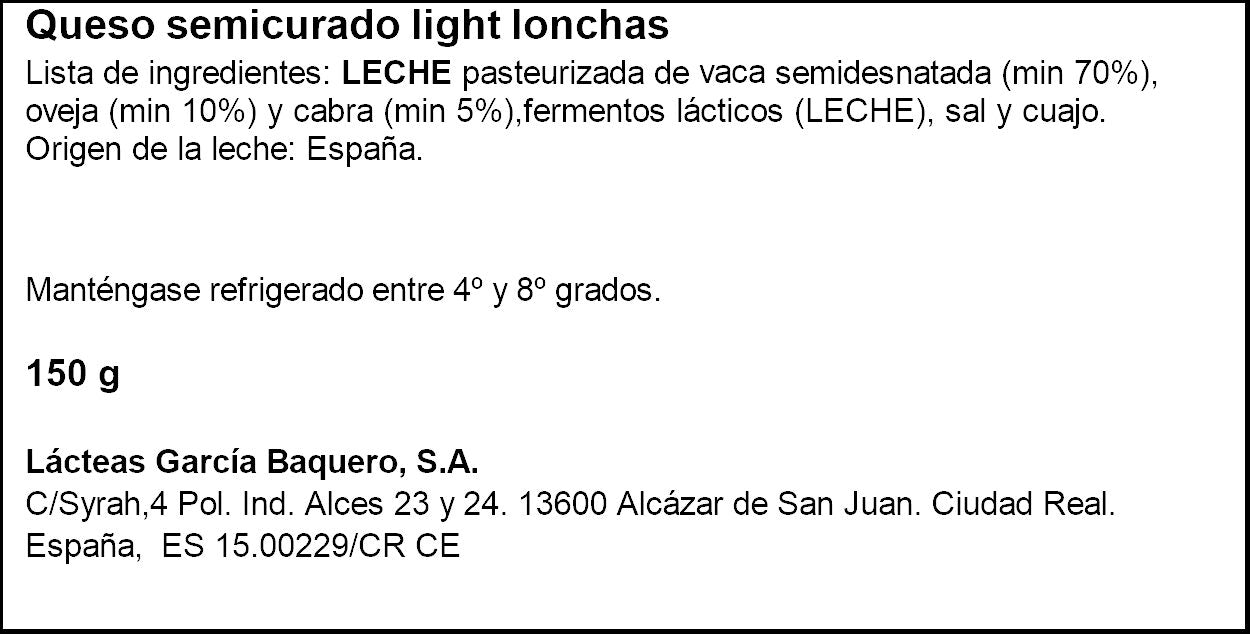 Queso semicurado light loncha García baquero 150g