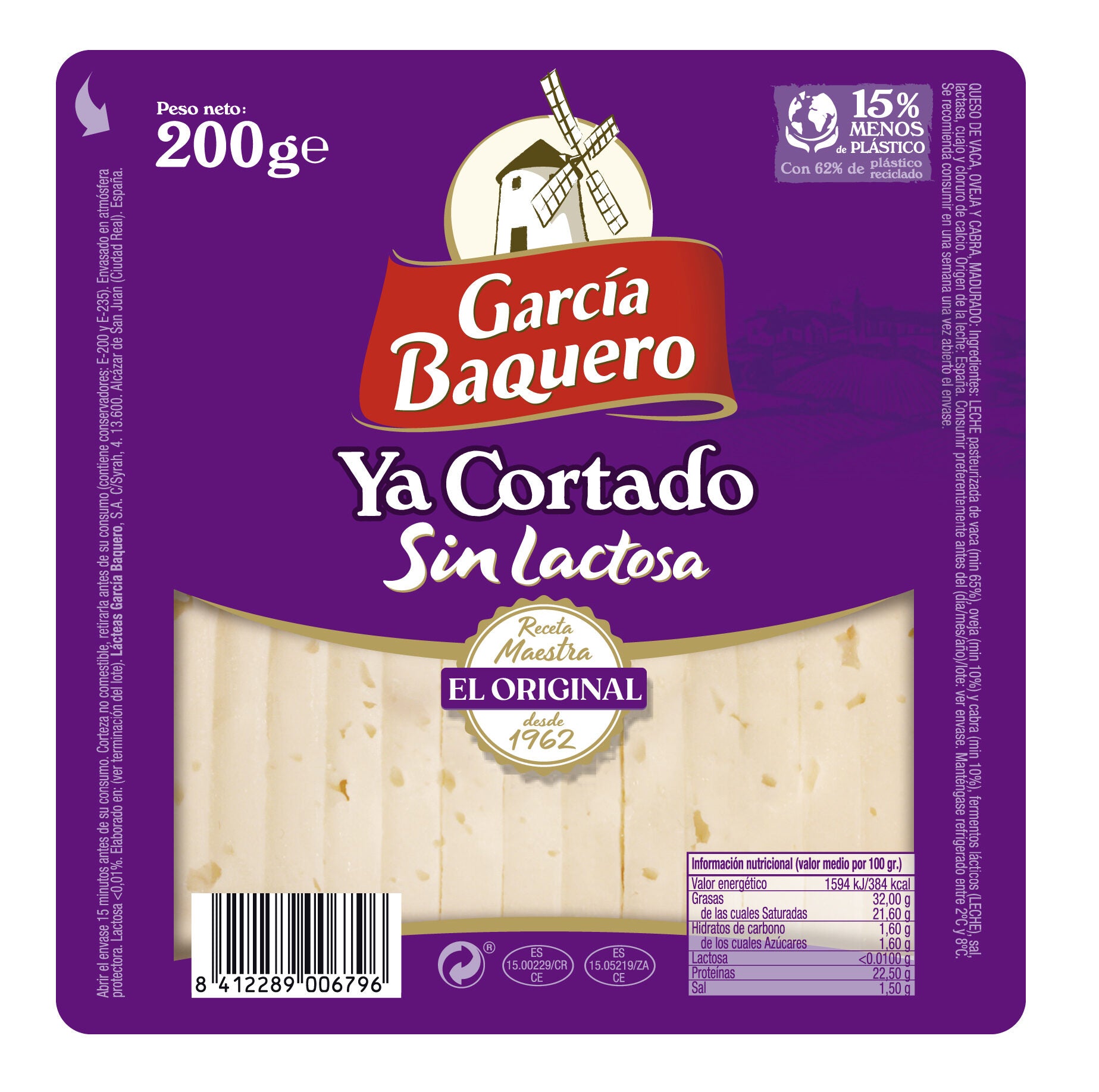 Queso tierno s/lactosa cortado cuña García baquero 200g