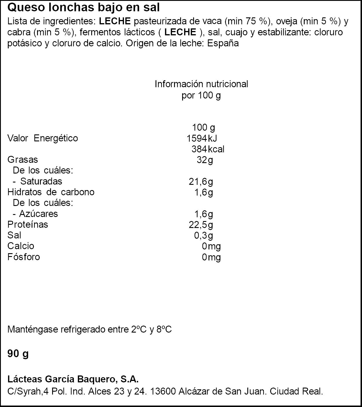 Queso tierno b/sal lonchas García baquero 90g