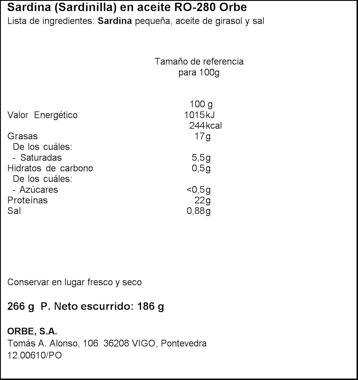 Sardinillas aceite girasol lata Orbe 186g escurr
