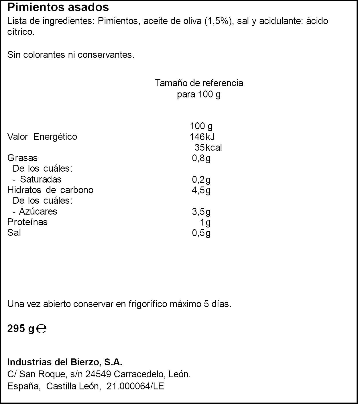 Pimiento asado cristal Bierzo 295g escurr