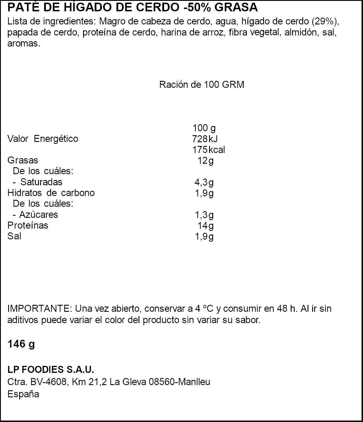 Paté hígado de cerdo menos 50% mg La piara p2 75g/u