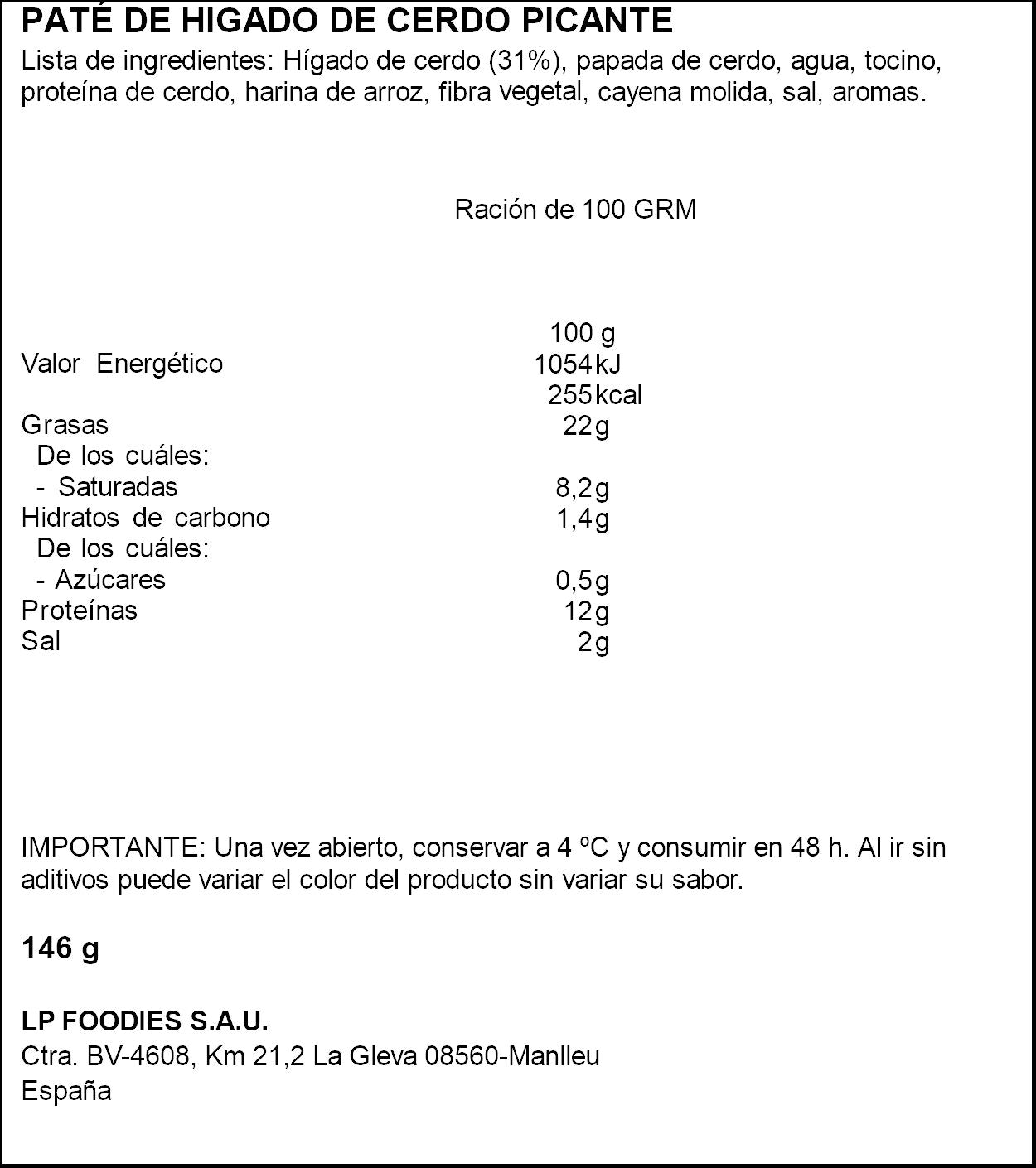 Paté hígado de cerdo picante tapa negra La piara p2 146g