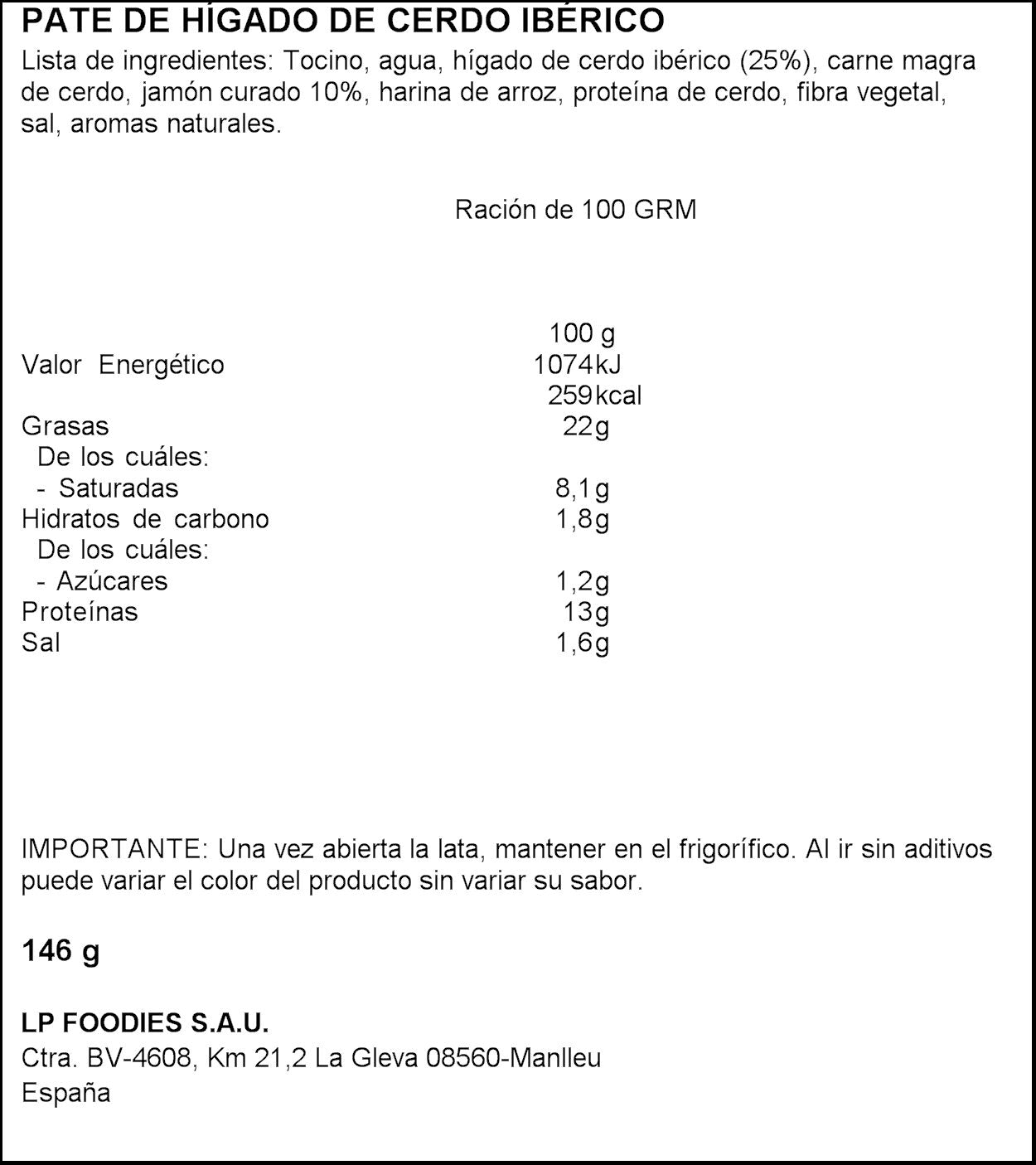 Paté hígado de cerdo ibérico tapa negra La piara p2 146g