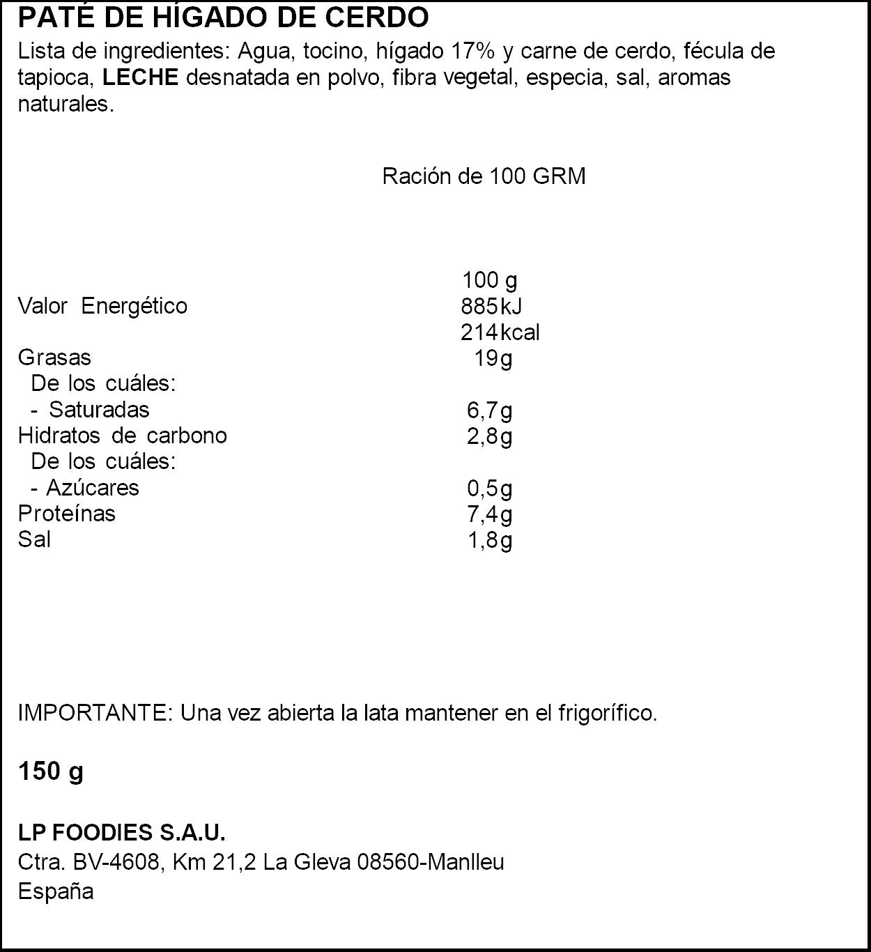 Paté hígado de cerdo suave La piara p2 75g/u