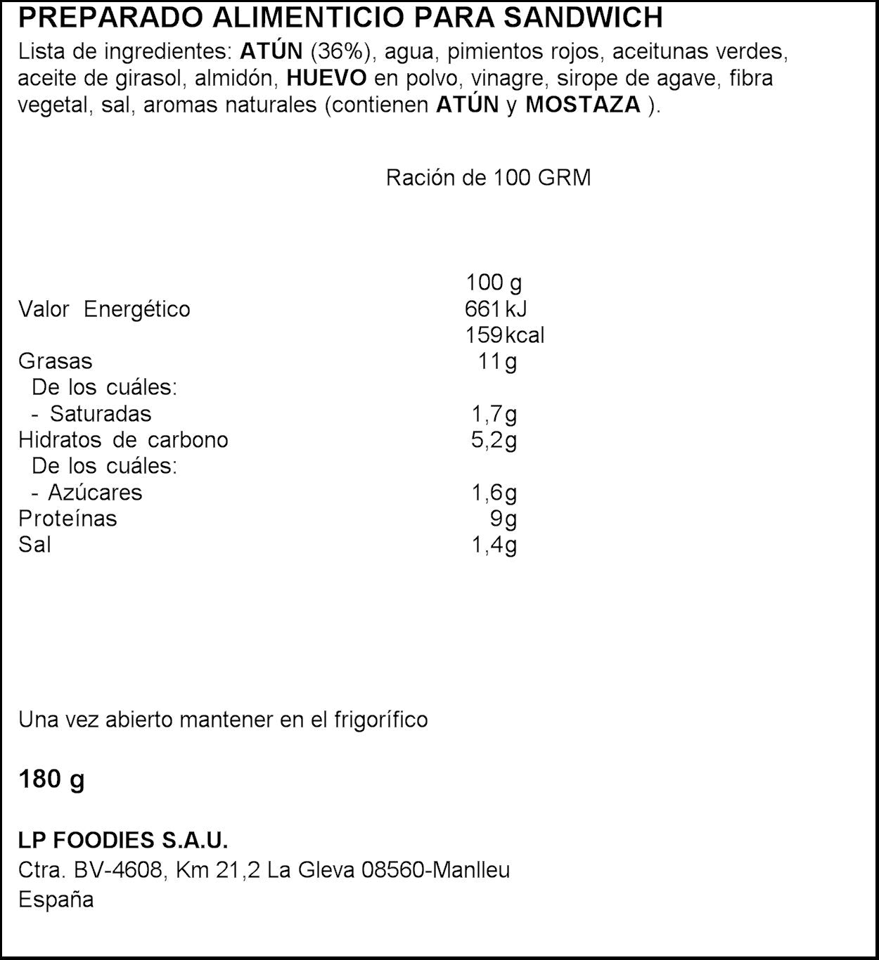 Relleno sandwich atún cristal bocadelia La piara 180g