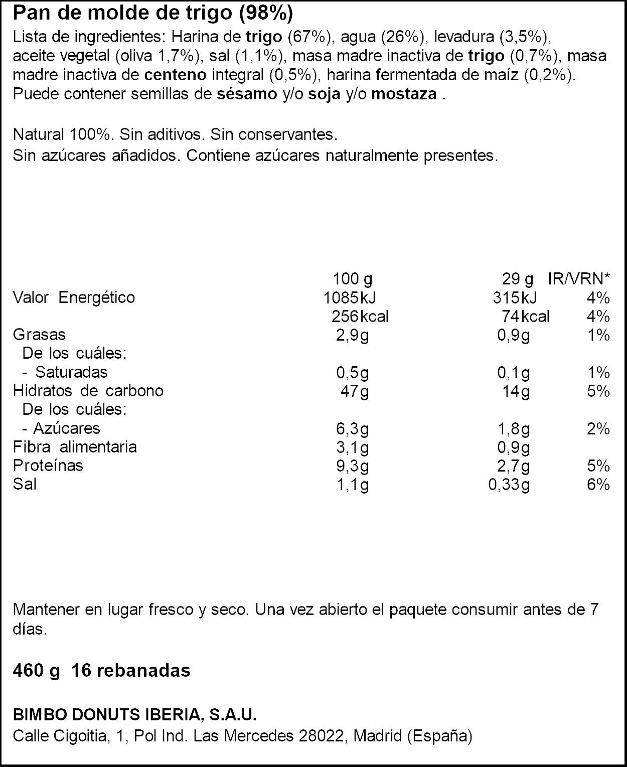 Pan de molde blanco natural 100% Bimbo 460g