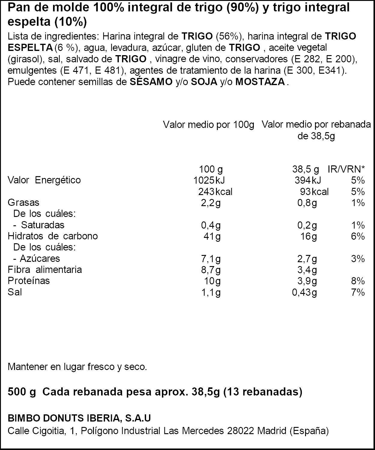 Pan de molde integral artesencia Bimbo 500g