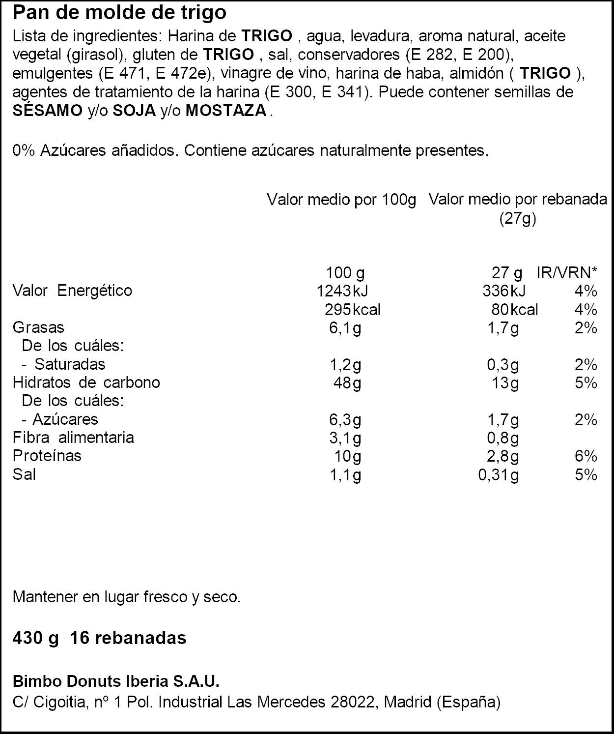 Pan de molde blanco 0% s/azucar Bimbo 430g