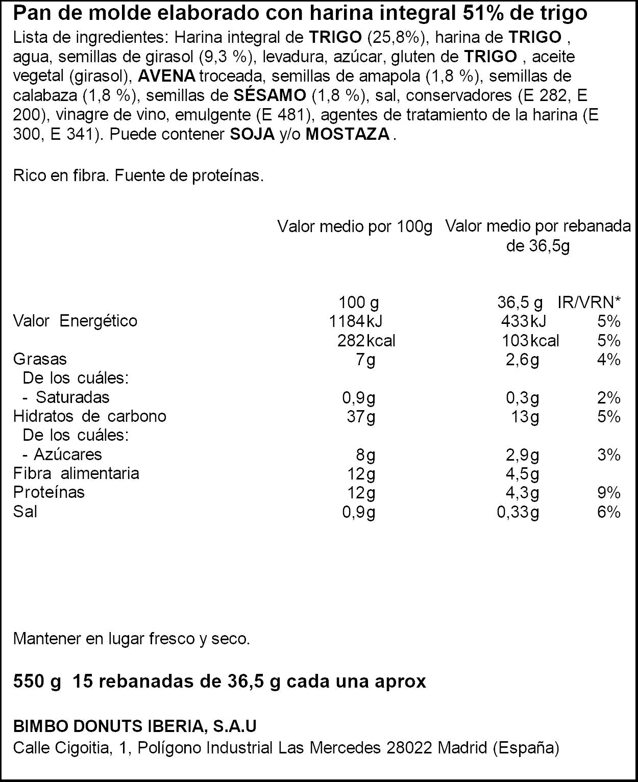 Pan de molde pipas y semillas Oroweat 550g