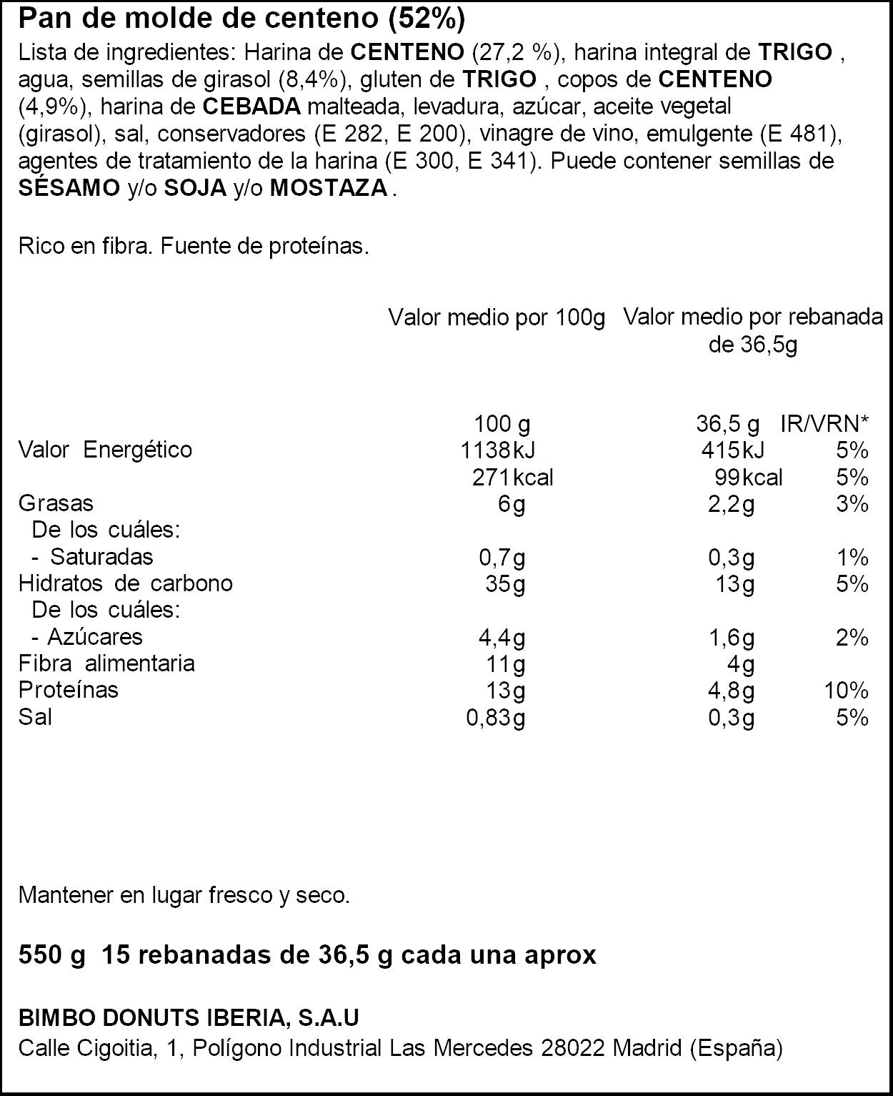 Pan de molde centeno Oroweat 550g