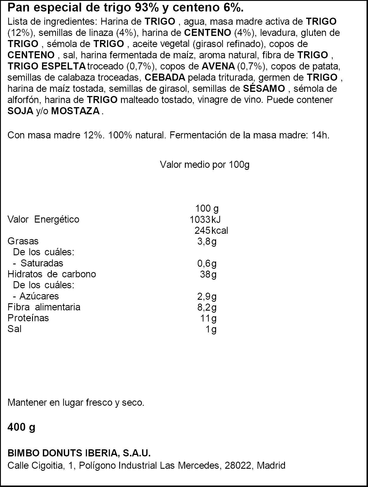 Pan hogaza masa madre cereales The rustik bakery 400g