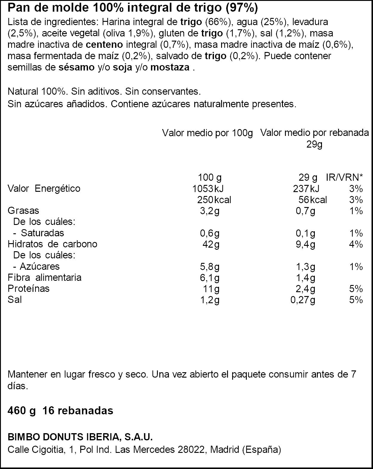 Pan de molde integral natural 100% Bimbo 460g