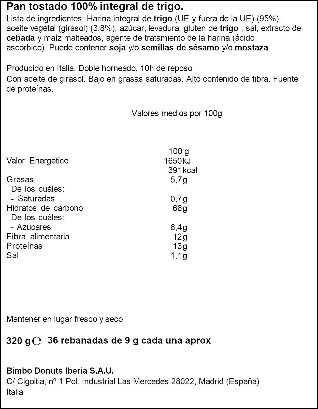 Biscottes 100% integral Ortiz brasa 36 reb 320g